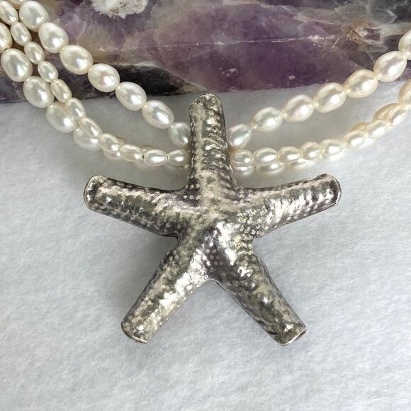 Sterling Silver 925 Layered Triple Strand Freshwater Pearl Starfish Necklace - Picture 15 of 16